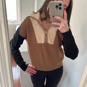 Central Park West Cream and Brown Crew Neck Sweater